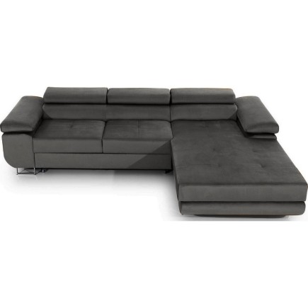 Canapé d'angle convertible ARMEL en tissu velours luxe 5 places, gris anthracite, avec coffre, angle droit (vu de face)