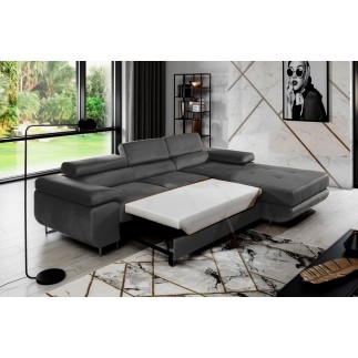 Canapé d'angle convertible ARMEL en tissu velours luxe 5 places, gris anthracite, avec coffre, angle droit (vu de face)
