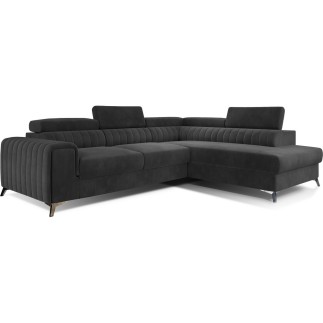 Canapé d'angle convertible - LARRY VELOURS Luxe gris foncé, 5 places, angle droit (vu de face)