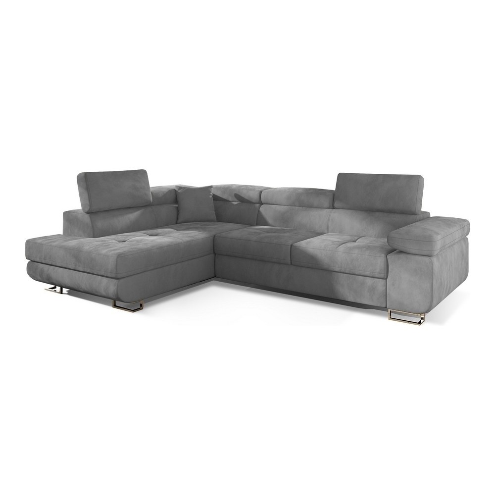 -Canapé d'angle convertible en velours luxe 5 places, avec coffre, gris clair, angle gauche (vu de face), ANNECY VELOURS -Canapé d'angle convertible en velours luxe 5 places, avec coffre, gris clair, angle gauche (vu de face), ANNECY VELOURS
