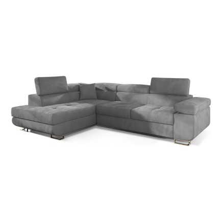 -Canapé d'angle convertible en velours luxe 5 places, avec coffre, gris clair, angle gauche (vu de face), ANNECY VELOURS
