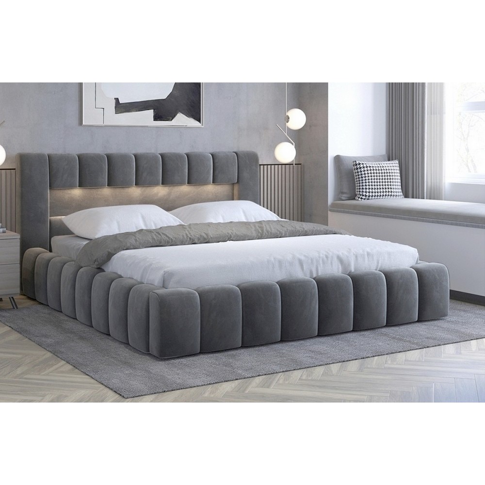 Lit 180x200 rembourré en velours luxe avec coffre et éclairage LED, gris foncé, LANA