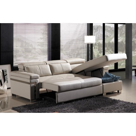 Canapé d'angle convertible cuir buffle italien 5 places, ALLURE, gris foncé, angle droit, Chocolat