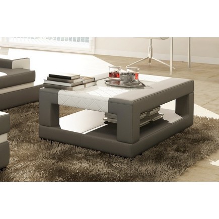 Table basse en cuir italien WAGRAM, gris clair et blanc