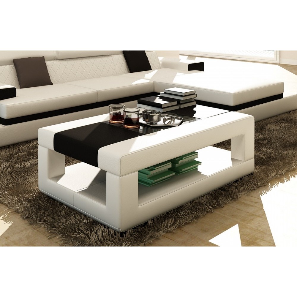 Table basse en cuir italien WAGRAM, blanc et noir Table basse en cuir italien WAGRAM, blanc et noir