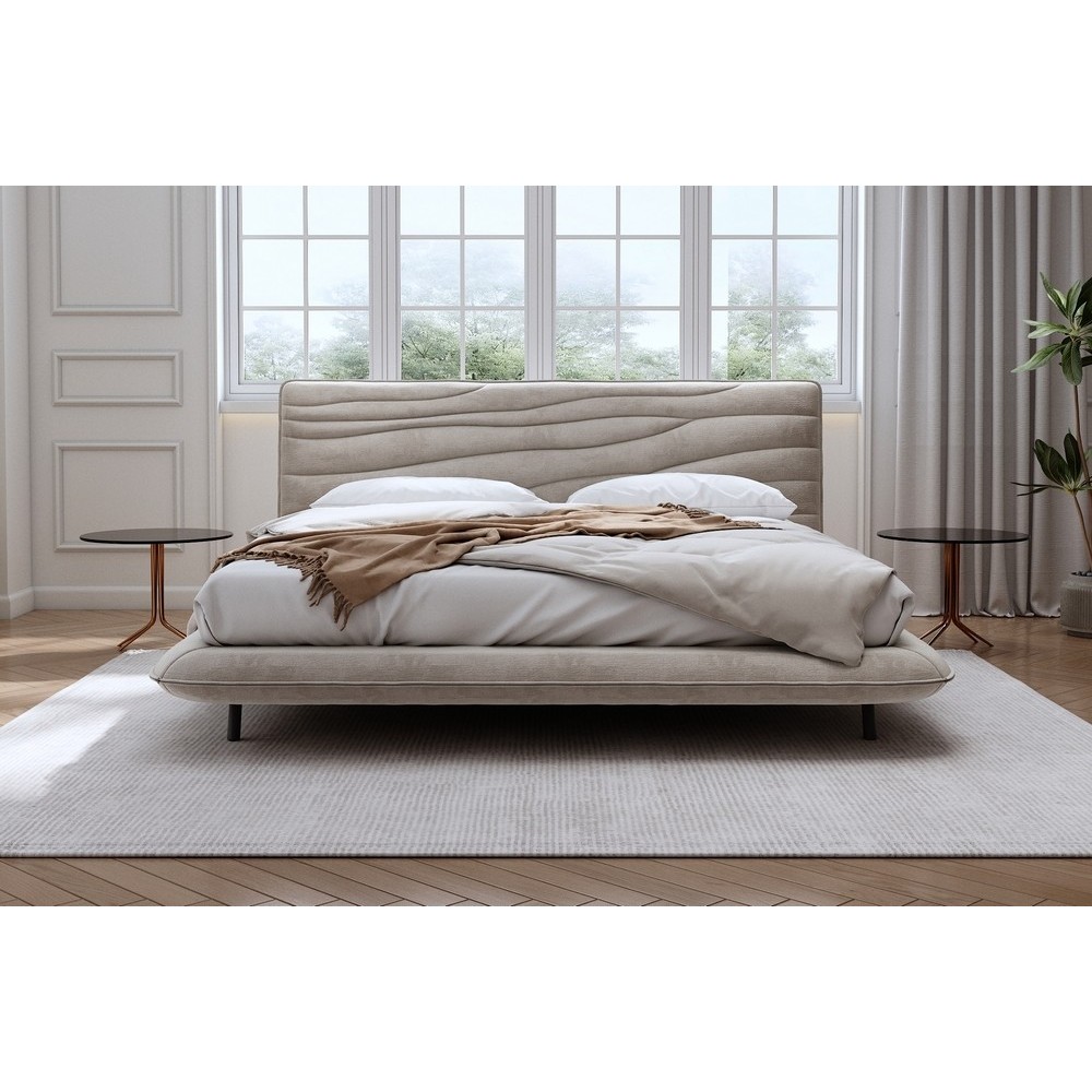 Lit design en velours de luxe PRESTIGIO, avec sommier à lattes offert, BEIGE, 160x200 Lit design en velours de luxe PRESTIGIO, avec sommier à lattes offert, BEIGE, 160x200