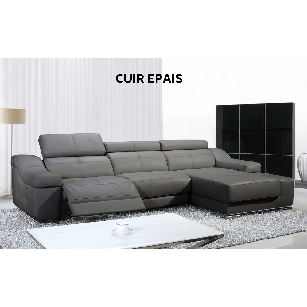 Solde de paiement de la commande: Canapé d'angle double relax en cuir EPAIS de buffle italien de luxe 5 places BiRELAX, gris fon