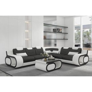 Canapé d'angle en cuir italien 7 places LUXEMBOURG, noir et blanc, angle droit, avec table basse