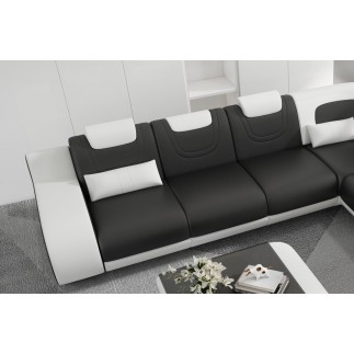Canapé d'angle en cuir italien 7 places LUXEMBOURG, noir et blanc, angle droit, avec table basse