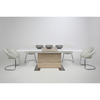 Table à manger design laqué blanc brillant et chêne sonoma à rallonge, BRETINI