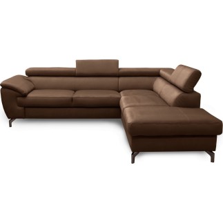 Canapé d'angle convertible en velours luxe 5 places, FLORENT, marron foncé, angle droit