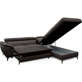 Canapé d'angle convertible en velours luxe 5 places, FLORENT, gris foncé, angle droit