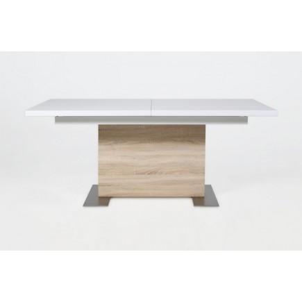 Table à manger design laqué blanc brillant et chêne sonoma à rallonge, BRETINI