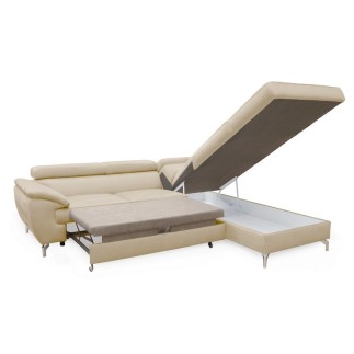 Canapé d'angle convertible en velours luxe 5 places, FLORENT, beige clair, angle droit