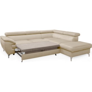 Canapé d'angle convertible en velours luxe 5 places, FLORENT, beige clair, angle droit
