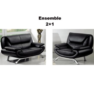 Ensemble composé d'un canapé 2 places et d'un fauteuil en cuir luxe italien, noir, JONAH