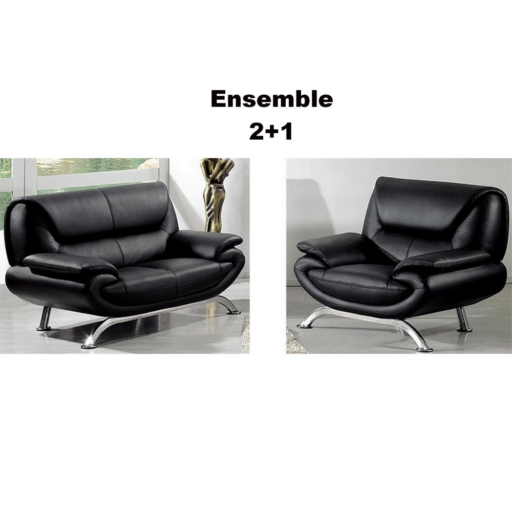 Ensemble composé d'un canapé 2 places et d'un fauteuil en cuir luxe italien, noir, JONAH Ensemble composé d'un canapé 2 places et d'un fauteuil en cuir luxe italien, noir, JONAH