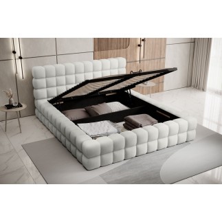 Lit double avec coffre DILAN en tissu bouclettes de qualité luxe capitonné, blanc, 180x200