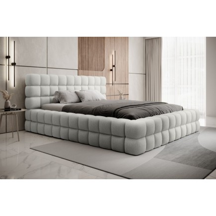 Lit double avec coffre en tissu bouclettes de qualité luxe capitonné, blanc, 140x200