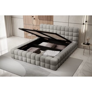 Lit double avec coffre DILAN en tissu bouclettes de qualité luxe capitonné, blanc, 180x200