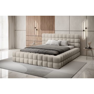 Lit double avec coffre en tissu bouclettes de qualité luxe capitonné, beige, 140x200