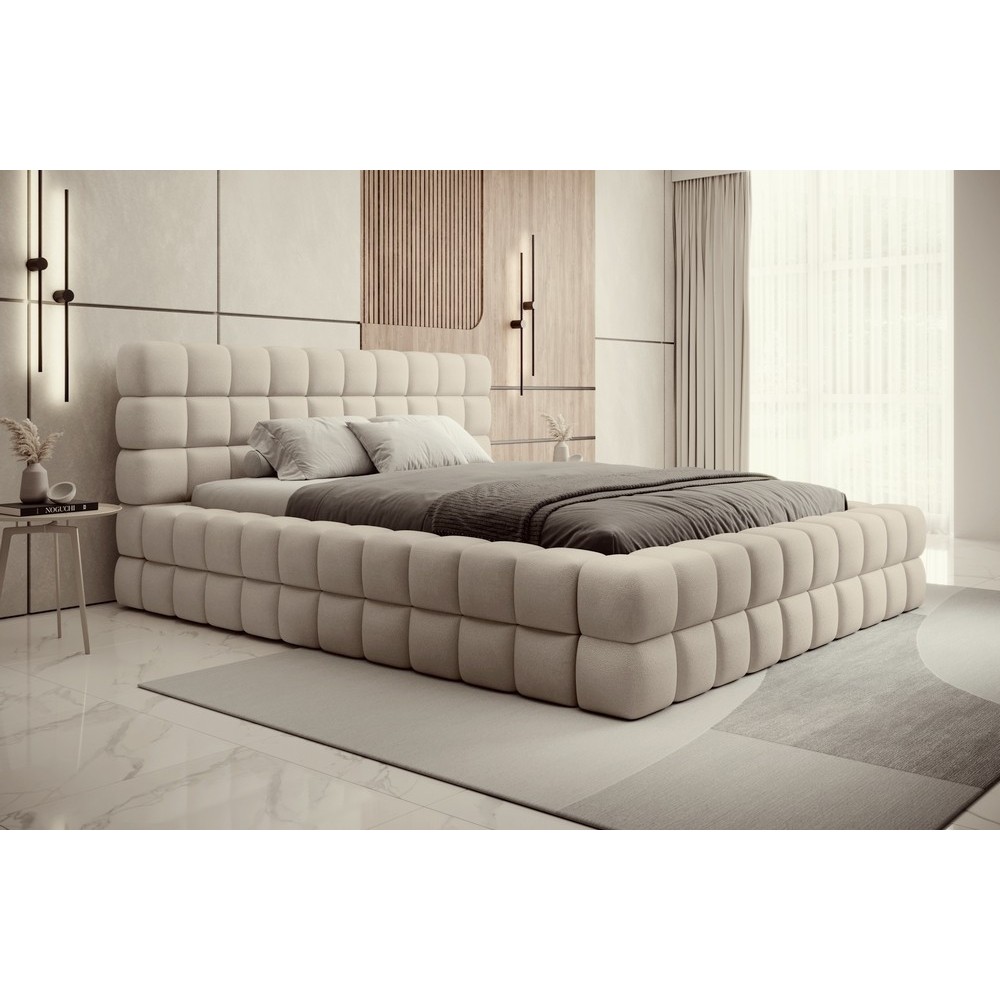 Lit double avec coffre DILAN VELOURS de qualité luxe capitonné, beige, 140x200