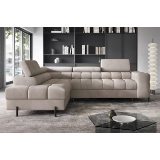 - Canapé d'angle convertible, FERNAND VELOURS - en velours Luxe beige, 5 places, angle gauche (vu de face)