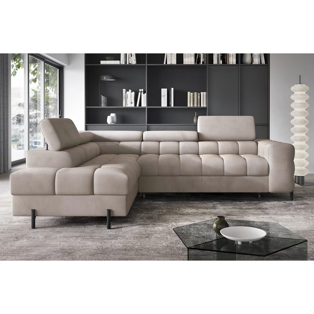 - Canapé d'angle convertible, FERNAND VELOURS - en velours Luxe beige, 5 places, angle gauche (vu de face)