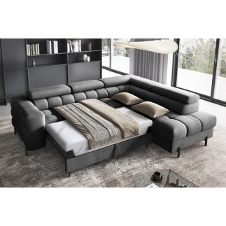 Canapé d'angle convertible - FERNAND VELOURS en velours Luxe gris foncé anthracite, 5 places, angle droit (vu de face)