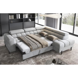 Canapé d'angle convertible - FERNAND VELOURS - en velours Luxe gris, 5 places, angle droit (vu de face)
