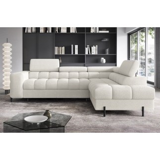 Canapé d'angle convertible, FERNAND tissu bouclette Luxe ivoire, 5 places, angle droit (vu de face)