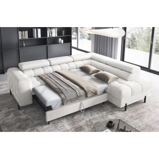 Canapé d'angle convertible, FERNAND tissu bouclette Luxe ivoire, 5 places, angle droit (vu de face)