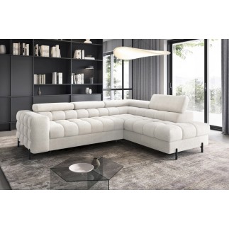 Canapé d'angle convertible, FERNAND tissu bouclette Luxe ivoire, 5 places, angle droit (vu de face)