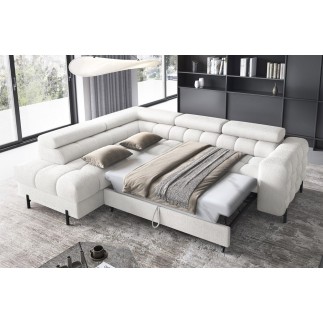 Canapé d'angle convertible FERNAND tissu bouclette Luxe ivoire, 5 places, angle gauche (vu de face)