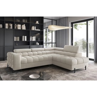 Canapé d'angle convertible, FERNAND tissu bouclette Luxe beige, 5 places, angle droit (vu de face)