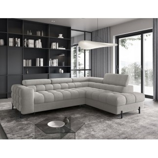 Canapé d'angle convertible, FERNAND tissu bouclette Luxe gris, 5 places, angle droit (vu de face)