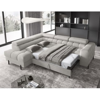 Canapé d'angle convertible FERNAND tissu bouclette Luxe gris, 5 places, angle gauche (vu de face)