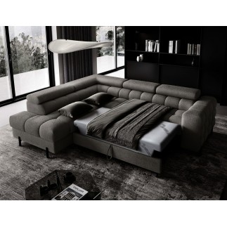 Canapé d'angle convertible FERNAND tissu bouclette Luxe gris anthracite, 5 places, angle gauche (vu de face)