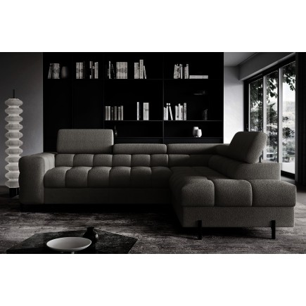 Canapé d'angle convertible, FERNAND tissu bouclette Luxe gris anthracite, 5 places, angle droit (vu de face)