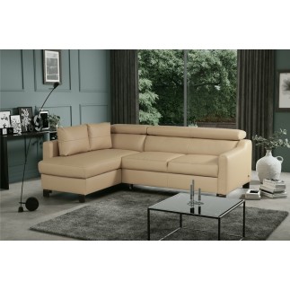 Canapé d'angle convertible en cuir italien de luxe 5 places - BRUCE, avec coffre, beige, angle gauche (vu de face)