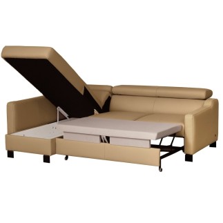 Canapé d'angle convertible en cuir italien de luxe 5 places - BRUCE, avec coffre, beige, angle gauche (vu de face)