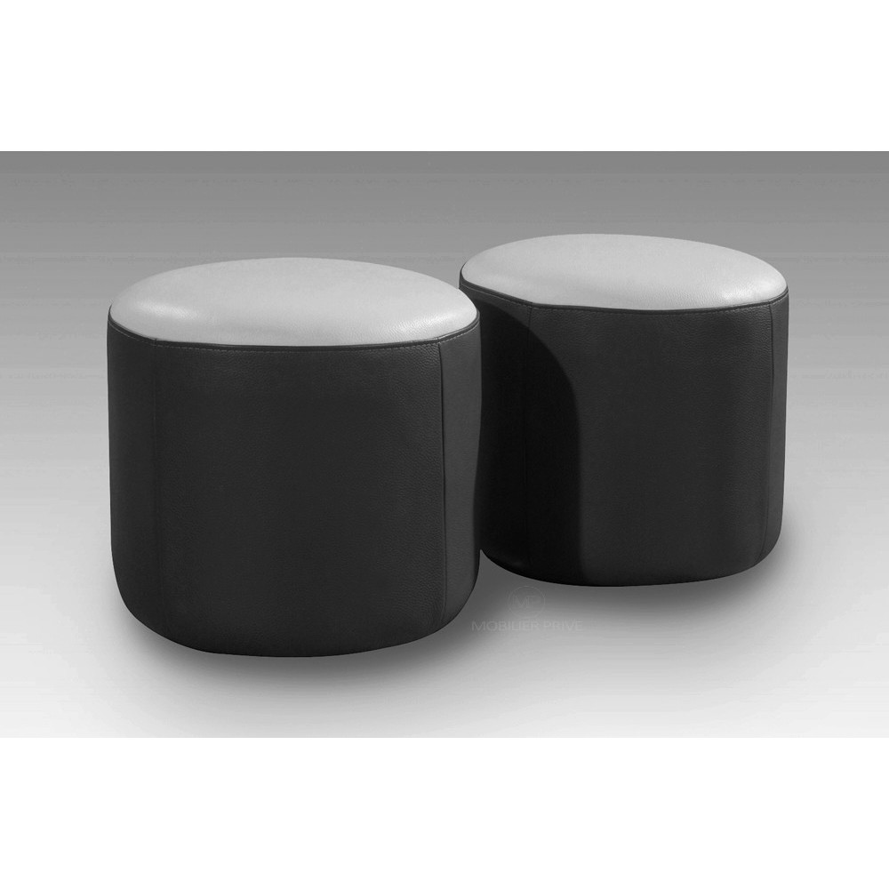 Ensemble de 2 poufs rond en cuir noir et blanc Ensemble de 2 poufs rond en cuir noir et blanc