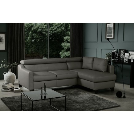 Canapé d'angle convertible en cuir italien de luxe 5 places BRUCE, avec coffre, gris foncé, angle droit (vu de face)