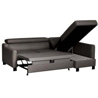 Canapé d'angle convertible en cuir italien de luxe 5 places BRUCE, avec coffre, gris foncé, angle droit (vu de face)