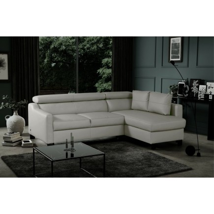 Canapé d'angle convertible en cuir italien de luxe 5 places BRUCE, avec coffre, gris clair, angle droit (vu de face)