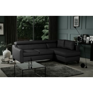 Canapé d'angle convertible en cuir italien de luxe 5 places BRUCE, avec coffre, noir, angle droit (vu de face)