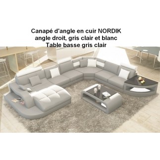 1er paiement: Canapé d'angle en cuir italien 8 places NORDIK, angle droit, personnalisé gris clair et blanc, table basse gris cl
