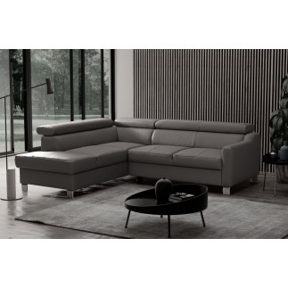 Canapé d'angle convertible en cuir italien de luxe 5 places - ASLAN avec coffre, gris foncé, angle gauche (vu de face)