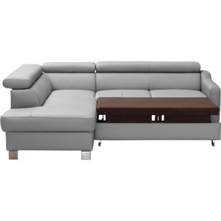 Canapé d'angle convertible en cuir italien de luxe 5 places - ASLAN, avec coffre, gris clair, angle gauche (vu de face)