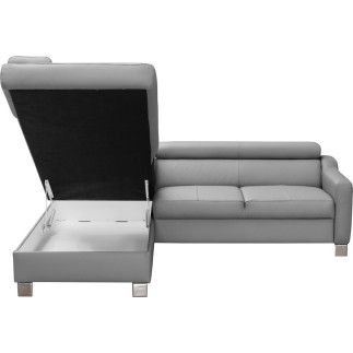 Canapé d'angle convertible en cuir italien de luxe 5 places - ASLAN, avec coffre, gris clair, angle gauche (vu de face)